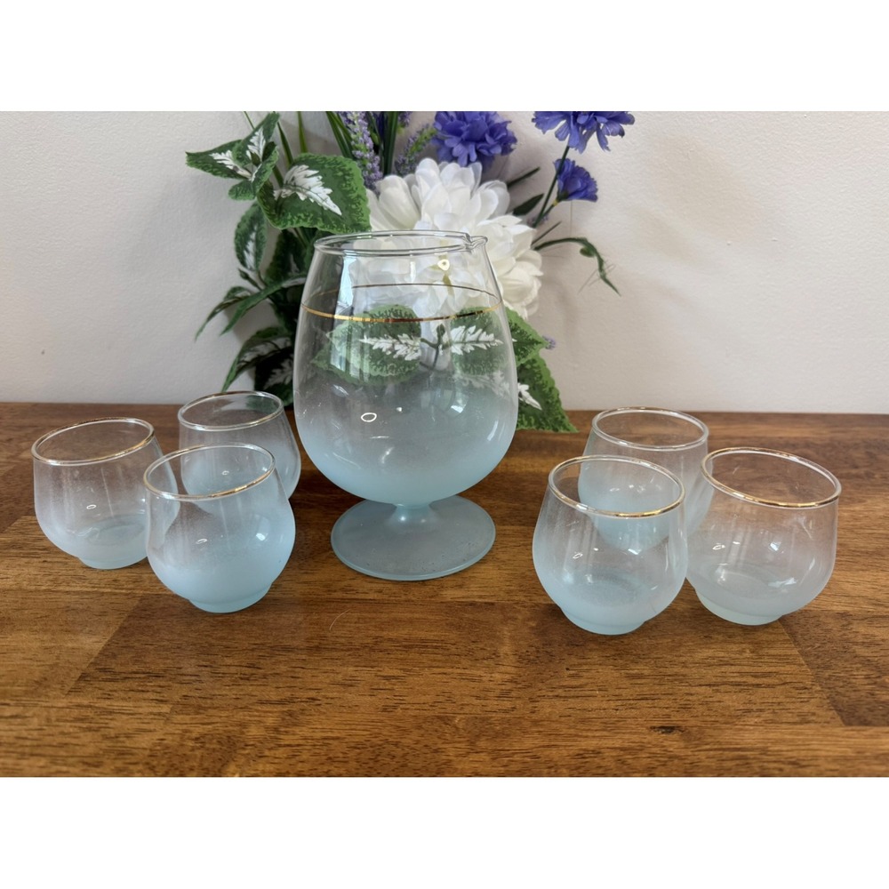 Vintage Frosted Glass Decanter Set with Gold‎ Trim – Decanter and 6 Glasses